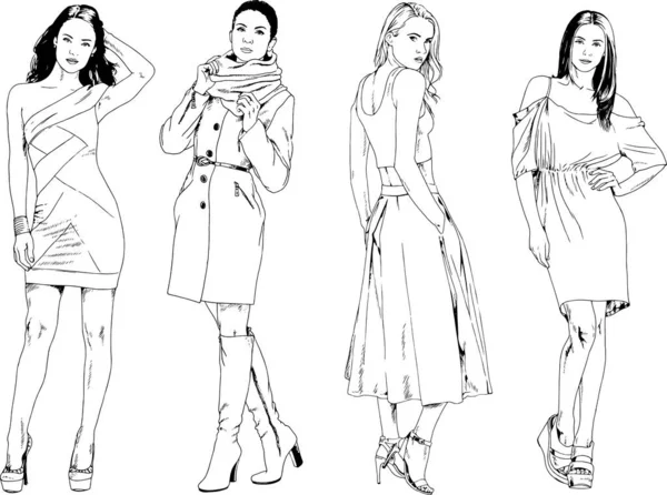 Vector drawings on the theme of beautiful slim sporty girl in casual clothes in various poses painted ink hand sketch with no background — Stock Illustration Vector Drawings Theme Beautiful Slim Sporty Girl Casual Clothes Various Stock Illustration