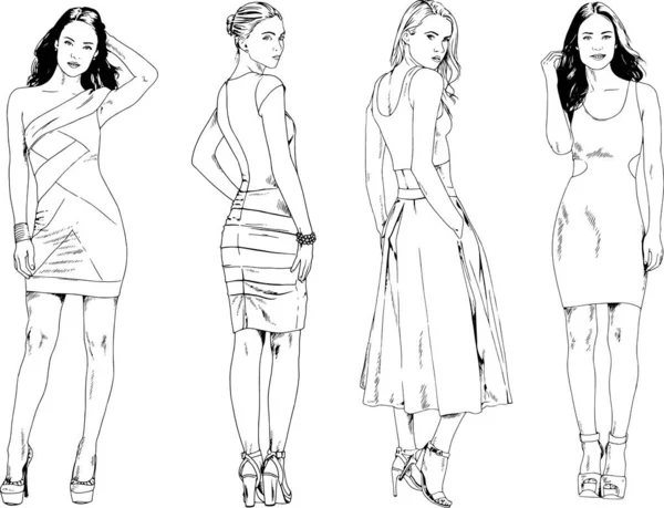 Vector drawings on the theme of beautiful slim sporty girl in casual clothes in various poses painted ink hand sketch with no background — Stock Illustration Vector Drawings Theme Beautiful Slim Sporty Girl Casual Clothes Various Stock Illustration