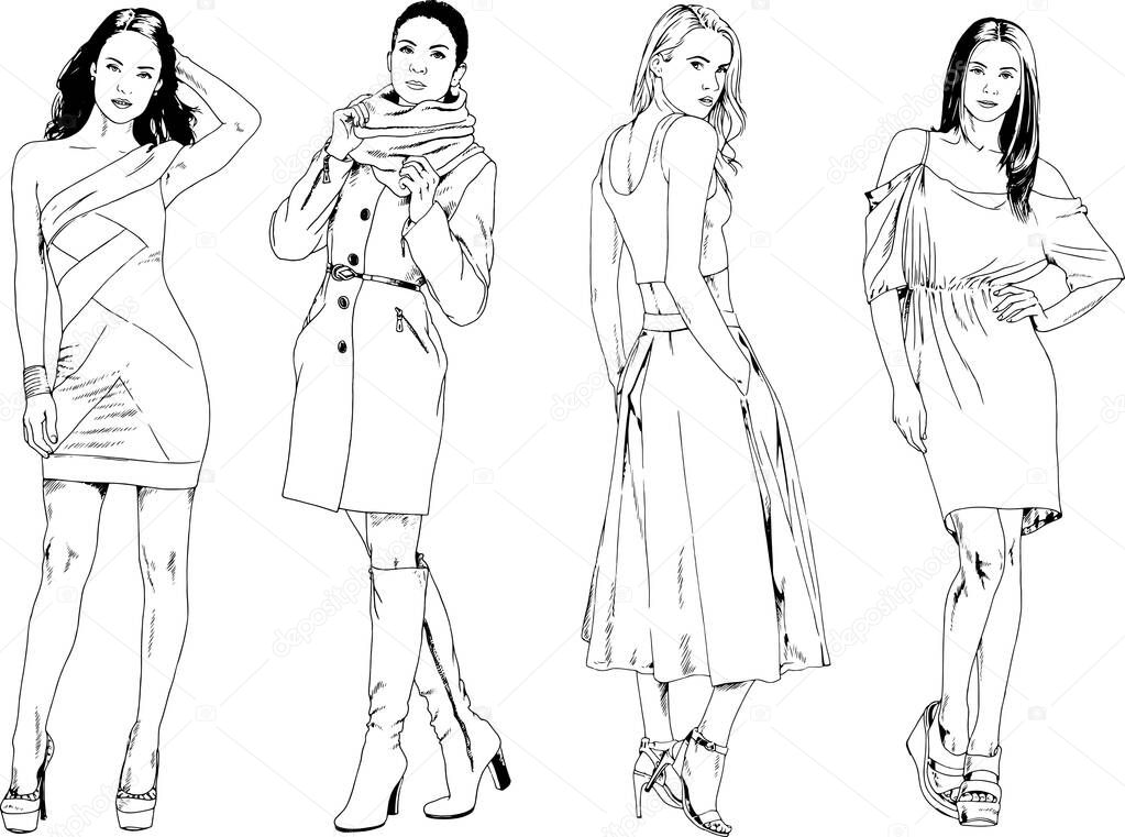 vector drawings on the theme of beautiful slim sporty girl in casual clothes in various poses painted ink hand sketch with no background