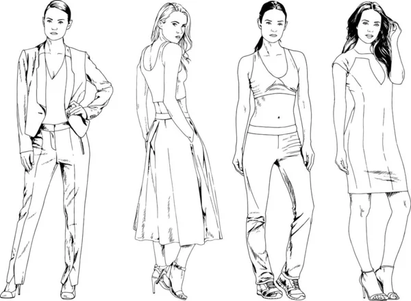 Vector Drawings Theme Beautiful Slim Sporty Girl Casual Clothes Various — Stock Vector