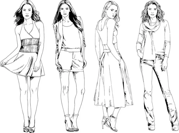 Vektor Zeichnungen Zum Thema Schöne Schlanke Sportliche Mädchen Lässiger Kleidung — Stockvektor