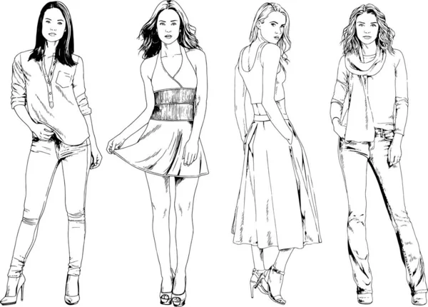 Desenhos Vetoriais Sobre Tema Menina Desportiva Magro Bonita Roupas Casuais — Vetor de Stock