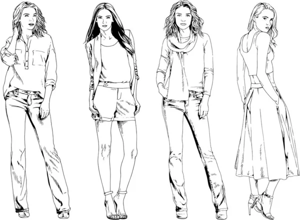 Dibujos Vectoriales Sobre Tema Hermosa Chica Deportiva Delgada Ropa Casual — Vector de stock