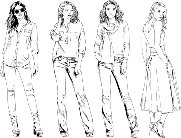 Vector Drawings Theme Beautiful Slim Sporty Girl Casual Clothes Various — Stock Vector