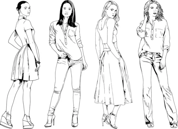 Dibujos Vectoriales Sobre Tema Hermosa Chica Deportiva Delgada Ropa Casual — Vector de stock