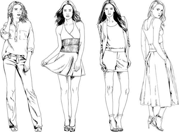 Desenhos Vetoriais Sobre Tema Menina Desportiva Magro Bonita Roupas Casuais —  Vetores de Stock