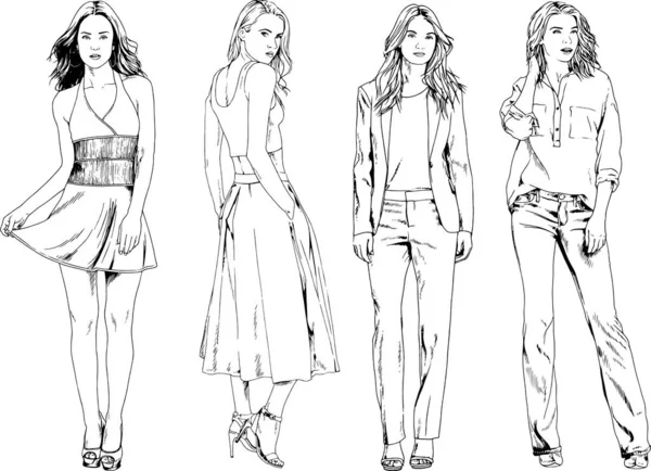 Desenhos Vetoriais Sobre Tema Menina Desportiva Magro Bonita Roupas Casuais — Vetor de Stock