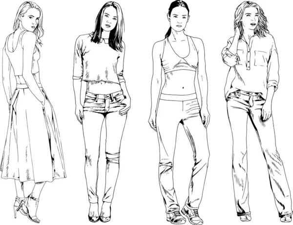 Dibujos Vectoriales Sobre Tema Hermosa Chica Deportiva Delgada Ropa Casual — Vector de stock