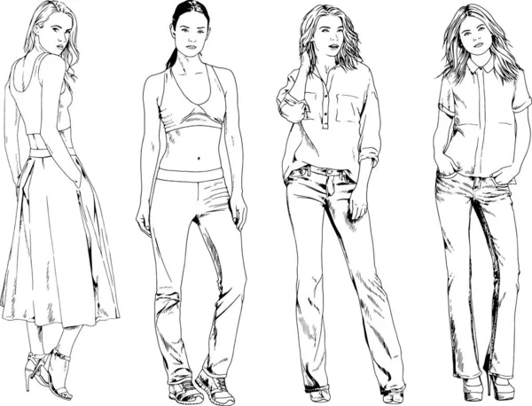 Desenhos Vetoriais Sobre Tema Menina Desportiva Magro Bonita Roupas Casuais —  Vetores de Stock