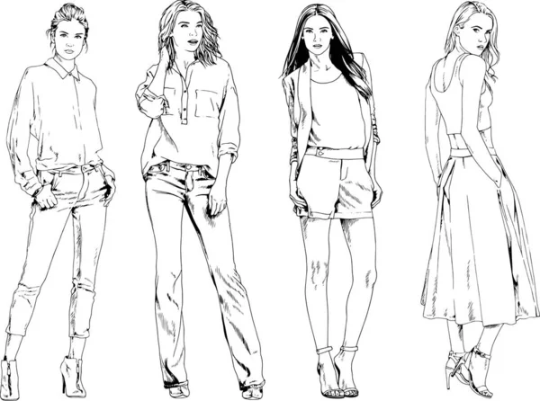 Dibujos Vectoriales Sobre Tema Hermosa Chica Deportiva Delgada Ropa Casual — Vector de stock