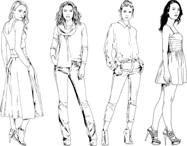 Vector drawings on the theme of beautiful slim sporty girl in casual clothes in various poses painted ink hand sketch with no background — Stock Illustration Vector Drawings Theme Beautiful Slim Sporty Girl Casual Clothes Various Stock Vector
