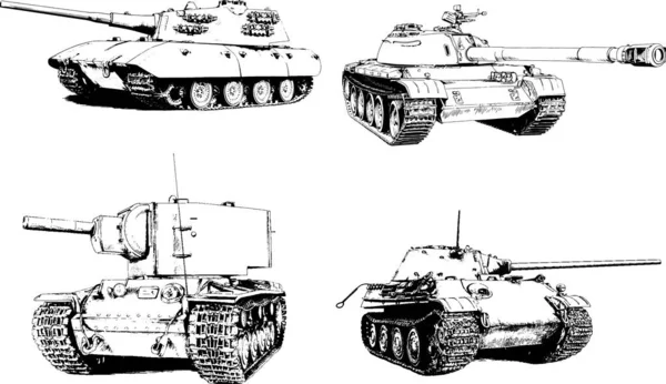 Kraftfull Tank Med Pistol Dragen Bläck Frihand Skiss — Stock vektor
