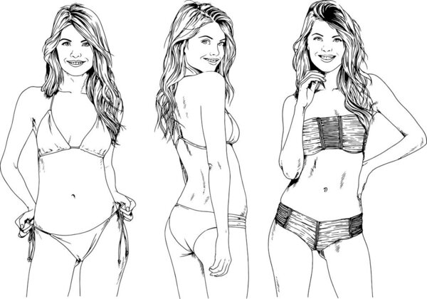 красивая блондинка в купальнике, нарисованная тушью от руки
