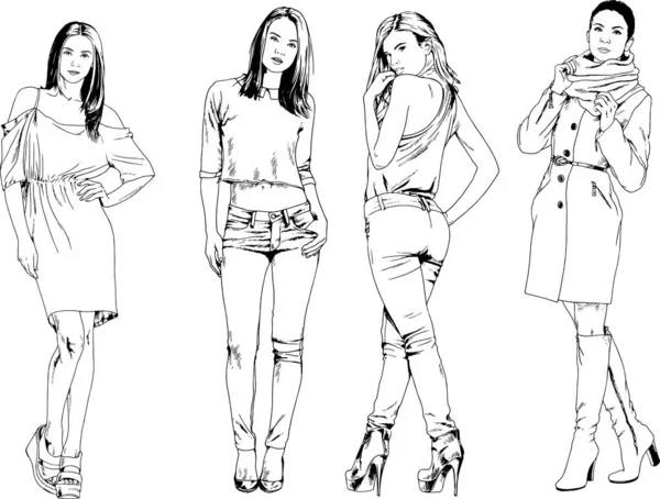 Desenhos Vetoriais Sobre Tema Menina Desportiva Magro Bonita Roupas Casuais — Vetor de Stock