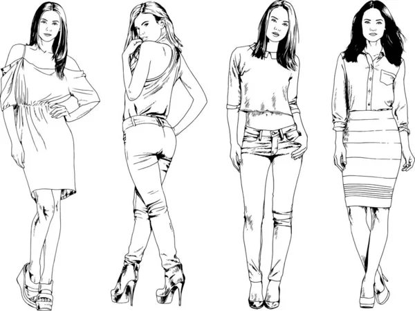 Desenhos Vetoriais Sobre Tema Menina Desportiva Magro Bonita Roupas Casuais — Vetor de Stock