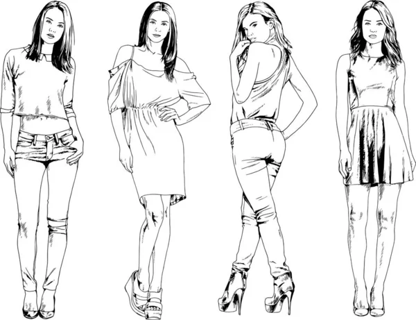 Dibujos Vectoriales Sobre Tema Hermosa Chica Deportiva Delgada Ropa Casual — Vector de stock