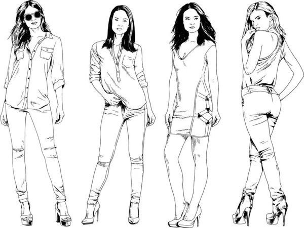 Dibujos Vectoriales Sobre Tema Hermosa Chica Deportiva Delgada Ropa Casual — Vector de stock