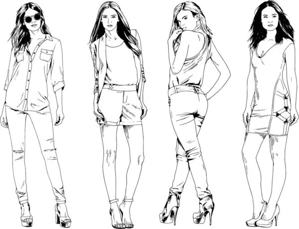 Dibujos Vectoriales Sobre Tema Hermosa Chica Deportiva Delgada Ropa Casual — Vector de stock