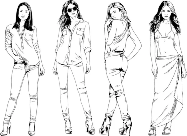 Dibujos Vectoriales Sobre Tema Hermosa Chica Deportiva Delgada Ropa Casual — Vector de stock