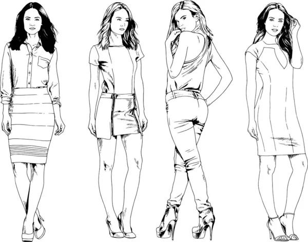 Vector Drawings Theme Beautiful Slim Sporty Girl Casual Clothes Various — Stock Vector