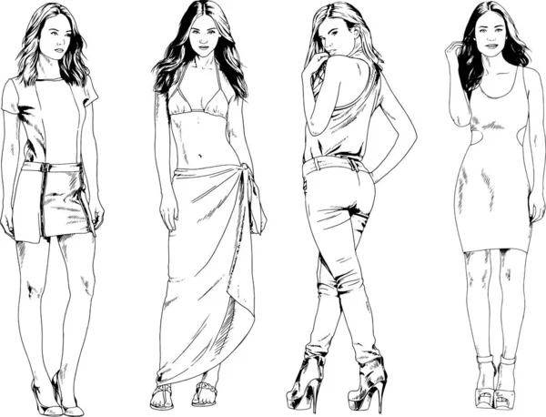 Dibujos Vectoriales Sobre Tema Hermosa Chica Deportiva Delgada Ropa Casual — Vector de stock