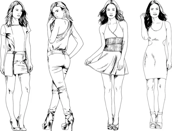 Desenhos Vetoriais Sobre Tema Menina Desportiva Magro Bonita Roupas Casuais — Vetor de Stock