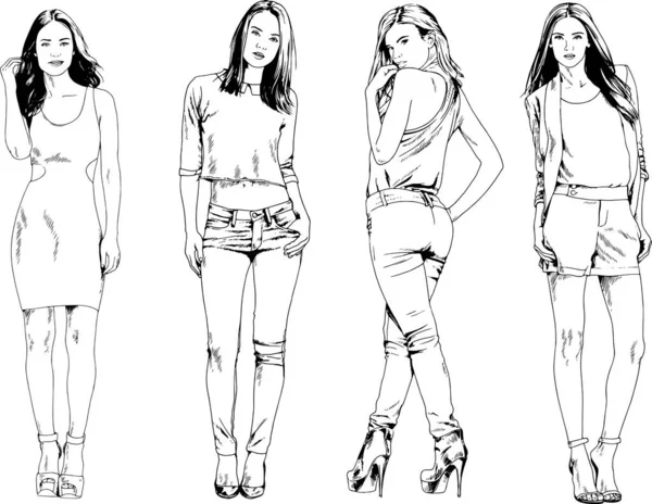 Desenhos Vetoriais Sobre Tema Menina Desportiva Magro Bonita Roupas Casuais — Vetor de Stock