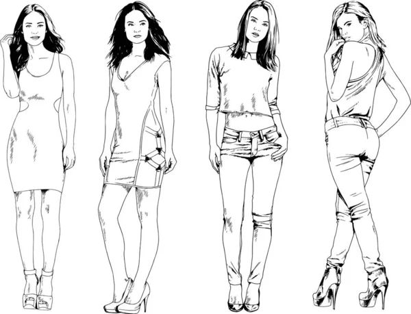 Dibujos Vectoriales Sobre Tema Hermosa Chica Deportiva Delgada Ropa Casual — Vector de stock