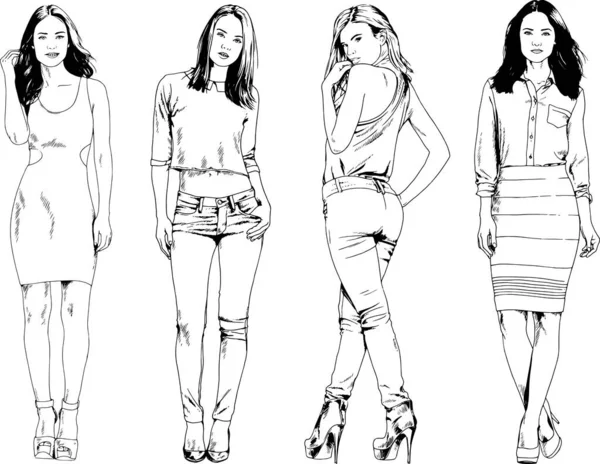 Dibujos Vectoriales Sobre Tema Hermosa Chica Deportiva Delgada Ropa Casual — Vector de stock