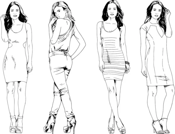 Dibujos Vectoriales Sobre Tema Hermosa Chica Deportiva Delgada Ropa Casual — Archivo Imágenes Vectoriales