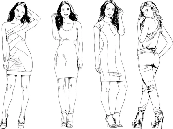 Dibujos Vectoriales Sobre Tema Hermosa Chica Deportiva Delgada Ropa Casual — Archivo Imágenes Vectoriales