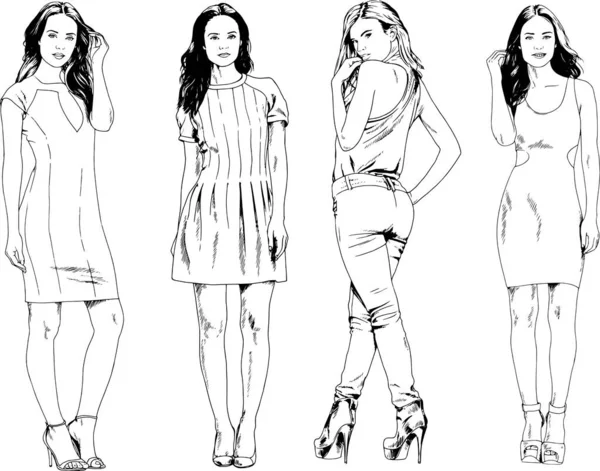 Dessins Vectoriels Sur Thème Belle Fille Sportive Mince Vêtements Décontractés — Image vectorielle