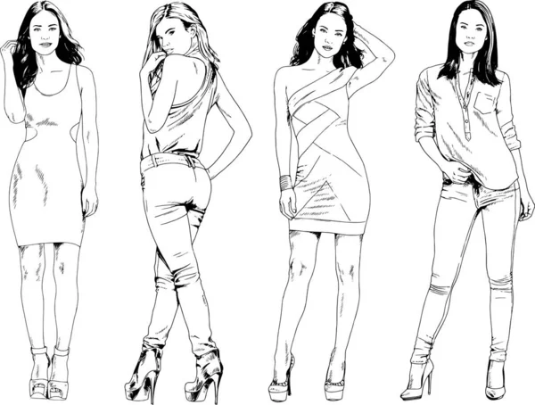 Dibujos Vectoriales Sobre Tema Hermosa Chica Deportiva Delgada Ropa Casual — Vector de stock