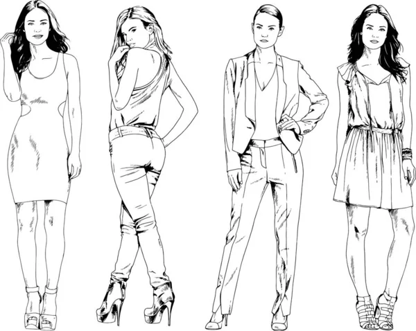 Desenhos Vetoriais Sobre Tema Menina Desportiva Magro Bonita Roupas Casuais — Vetor de Stock