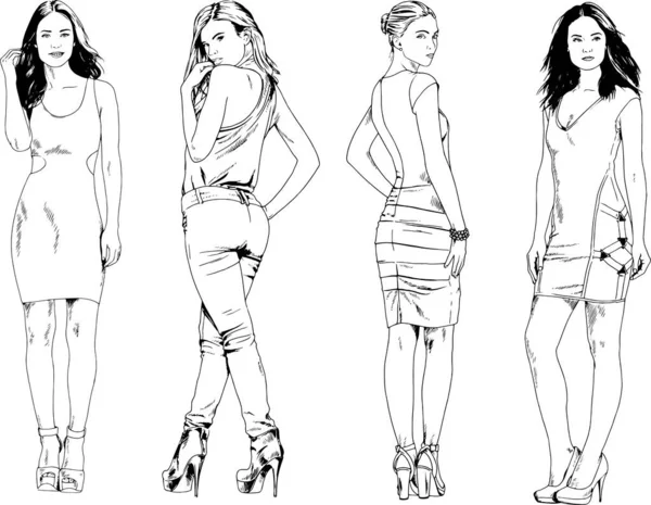 Dessins Vectoriels Sur Thème Belle Fille Sportive Mince Vêtements Décontractés — Image vectorielle