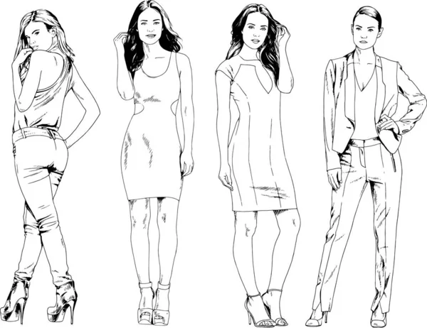 Dibujos Vectoriales Sobre Tema Hermosa Chica Deportiva Delgada Ropa Casual — Vector de stock