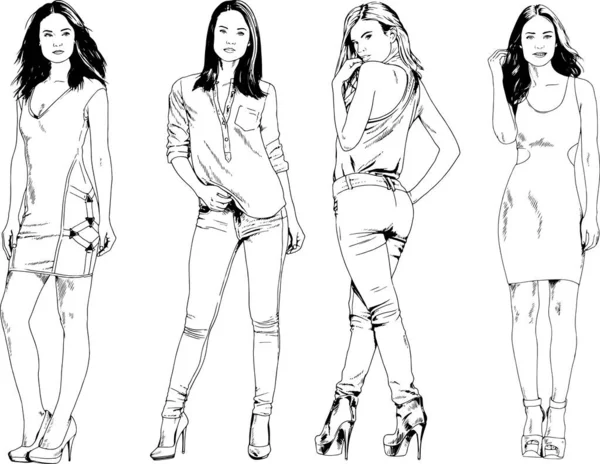 Vector Drawings Theme Beautiful Slim Sporty Girl Casual Clothes Various — Stock Vector