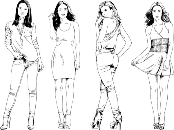 Dibujos Vectoriales Sobre Tema Hermosa Chica Deportiva Delgada Ropa Casual — Vector de stock