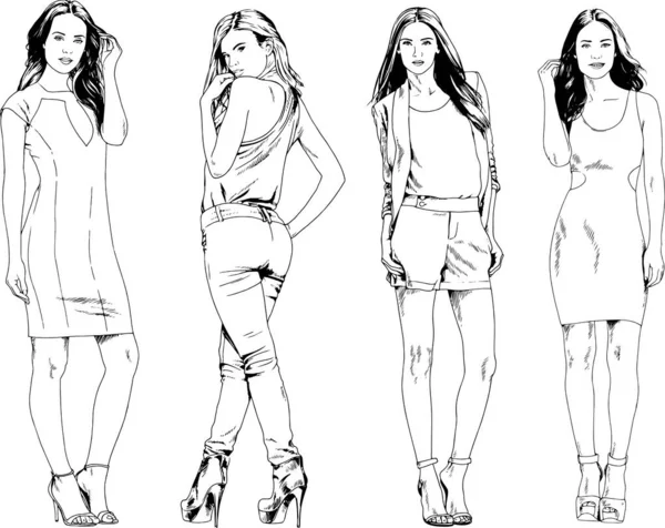 Dibujos Vectoriales Sobre Tema Hermosa Chica Deportiva Delgada Ropa Casual — Vector de stock