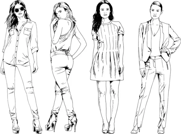 Desenhos Vetoriais Sobre Tema Menina Desportiva Magro Bonita Roupas Casuais — Vetor de Stock