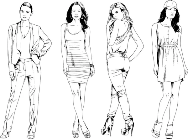 Desenhos Vetoriais Sobre Tema Menina Desportiva Magro Bonita Roupas Casuais — Vetor de Stock