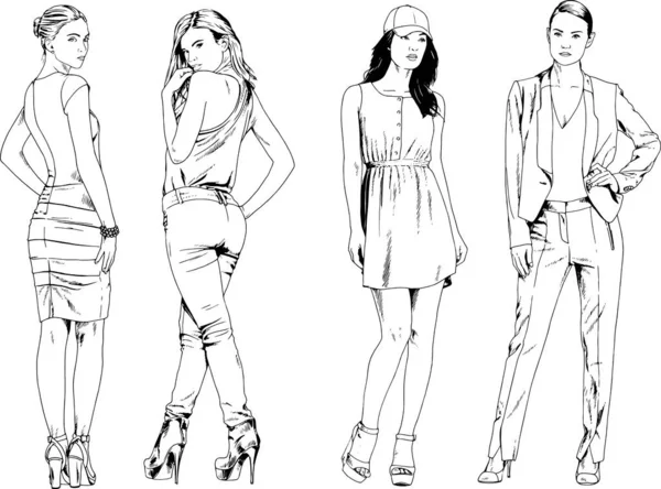 Vektorové Kresby Téma Krásné Štíhlé Sportovní Dívka Ležérní Oblečení Různých — Stockový vektor