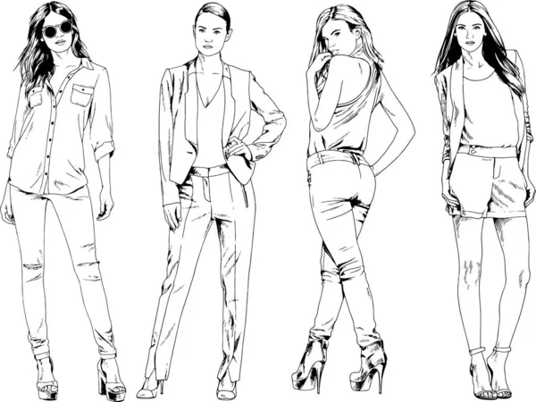 Dibujos Vectoriales Sobre Tema Hermosa Chica Deportiva Delgada Ropa Casual — Vector de stock