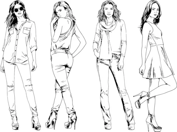 Vector Drawings Theme Beautiful Slim Sporty Girl Casual Clothes Various — Stock Vector