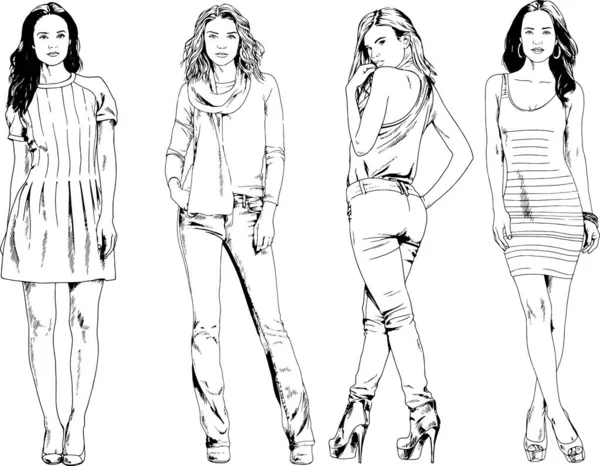 Dibujos Vectoriales Sobre Tema Hermosa Chica Deportiva Delgada Ropa Casual — Vector de stock