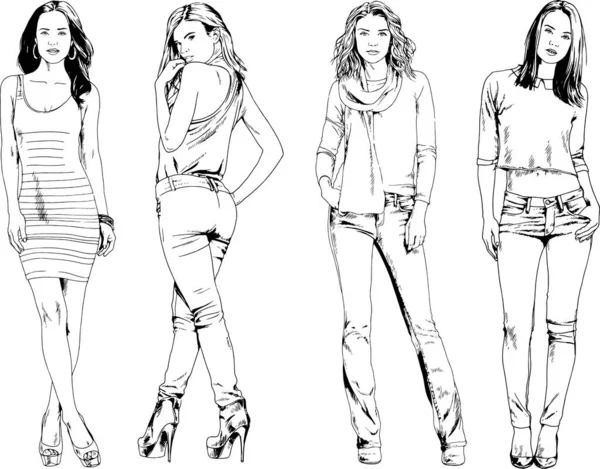 Dibujos Vectoriales Sobre Tema Hermosa Chica Deportiva Delgada Ropa Casual — Vector de stock