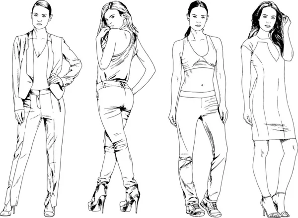 Dibujos Vectoriales Sobre Tema Hermosa Chica Deportiva Delgada Ropa Casual — Vector de stock