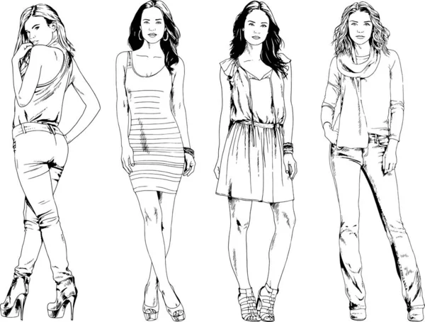 Desenhos Vetoriais Sobre Tema Menina Desportiva Magro Bonita Roupas Casuais —  Vetores de Stock