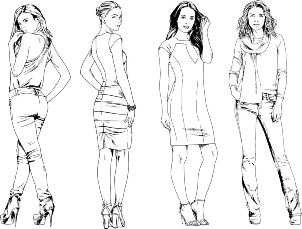 Dibujos Vectoriales Sobre Tema Hermosa Chica Deportiva Delgada Ropa Casual — Archivo Imágenes Vectoriales