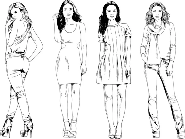 Dibujos Vectoriales Sobre Tema Hermosa Chica Deportiva Delgada Ropa Casual — Vector de stock